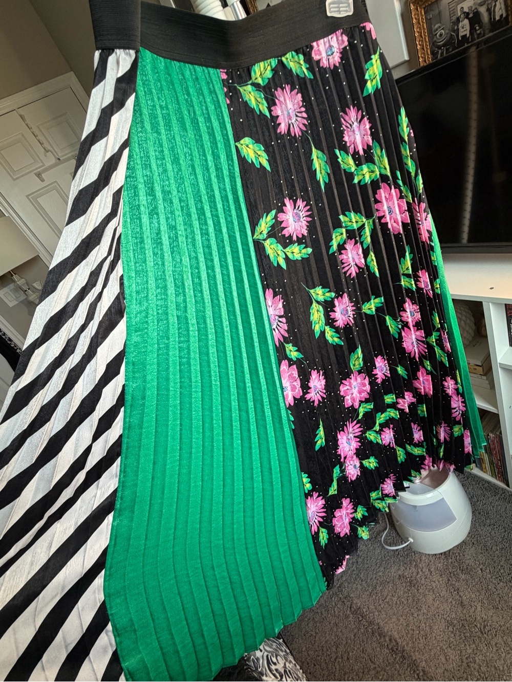 Green Panelled Pleated Floral Midi Skirt with Pink Accents
